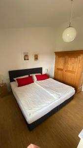 a bedroom with a large bed with two red pillows at Alb Lodge in Gomadingen