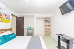 1 dormitorio con 1 cama, escritorio y TV en Hotel Ayenda Casa Paraiso 1327, en Barranquilla