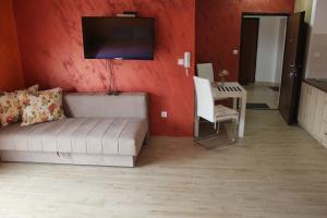 a living room with a couch and a tv on a red wall at Apartments Kapisoda in Cetinje