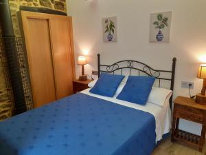 a bedroom with a blue bed with two blue pillows at A Nosa Casa in Belesar