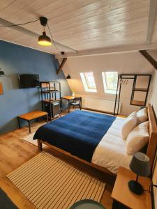 sypialnia z dużym łóżkiem i niebieskim kocem w obiekcie CASA HINTZ Transilvania w Fogaraszu