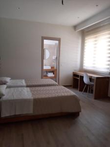 a bedroom with a bed and a desk and a mirror at Why Not B&B in San Polo Matese