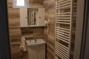 łazienka z umywalką i lustrem w obiekcie Apartman-Tata w mieście Tata +14 zdjęć