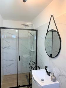 Holiday Home in Sinaia في سينيا: حمام مع دش ومغسلة ومرآة