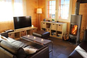 a living room with a couch and a fireplace at Excellent flat with a fantastic view of the Eiger! in Grindelwald