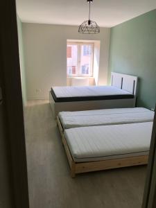 2 camas en una habitación con ventana en Appartement porte du cantal, en Massiac