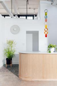 um escritório com um balcão de recepção com plantas na parede em Dye House em Providence