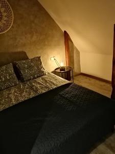 a bedroom with a black bed with a lamp on a table at Agroturystyka Żuławiaczek in Nowy Dwór Gdański