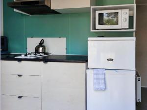 uma cozinha com um frigorífico branco e um micro-ondas em Holiday Home De Brenkberg-1 em Schinveld