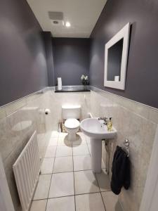 a bathroom with a toilet and a sink and a tub at Large modern GF 1-bed apartment Sleeps 2 in London