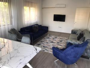 a living room with blue couches and a tv at Kemer Guney Homes Apart in Kemer