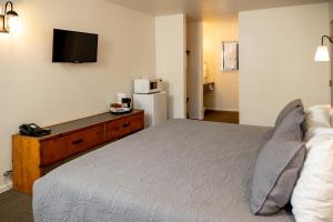 a bedroom with a bed and a tv on the wall at Eagle Cap Chalets in Joseph