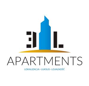 een logo voor appartementen met een stad op de achtergrond bij 3L Apartments Aquarius in Kołobrzeg