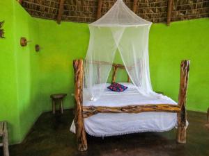 a bed with a canopy in a room with green walls at Casitas El Salitral by Rotamundos in El Pescadero