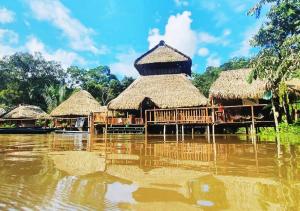 Cuyabeno River Lodge في Marian: مجموعة اكواخ على هيئة ماء