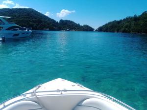 a boat in a body of water with trees at Passeios de lancha em Angra dos Reis in Angra dos Reis