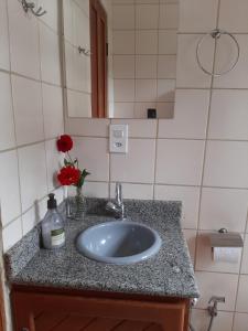 a bathroom sink with a vase of flowers on it at Apartamento Confortável in Marechal Floriano
