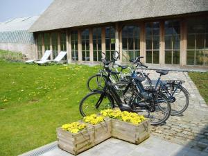 two bikes parked in front of a building with flowers at B&B Vallis Dyliae in Korbeek-Dijle