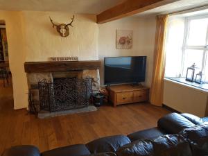 a living room with a television and a fireplace at Cranmore House - a walkers' and cyclists' dream in Nenthead