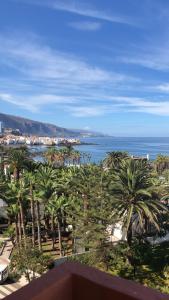 a view of the ocean from a resort with palm trees at Perla's House Studio with incredible sea view in Puerto de la Cruz