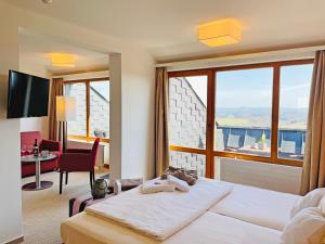 a hotel room with a bed and a large window at Landhaus Nordhelle Garni in Meinerzhagen +24 photos