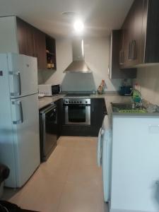 a kitchen with a stove and a white refrigerator at SANFAINA DE GATS in Deltebre