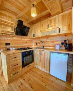 eine Küche mit Holzschränken und einem Herd mit Backofen in der Unterkunft Dorabungalov in Sakarya