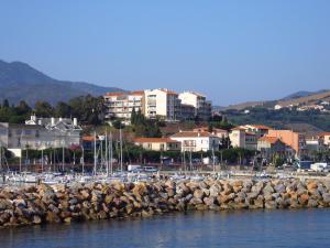 eine Gruppe von Booten, die in einem Yachthafen mit Gebäuden angedockt sind in der Unterkunft WEEK END EVASION A BANYULS SUR MER DANS PYRENEES ORIENTALES in Banyuls-sur-Mer