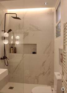 baño con ducha y puerta de cristal en PLAZA CABILDO 4, en Sanlúcar de Barrameda