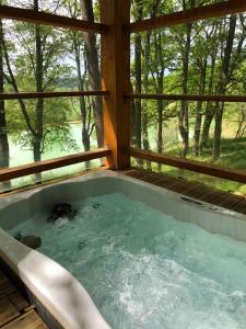 eine Whirlpool-Badewanne in einer Hütte mit Fenster in der Unterkunft Les Cabanes du Lac - SPA - Petit Déjeuné - Cabane du frêne & Cabane du chêne Premium in Sévignac-Thèze