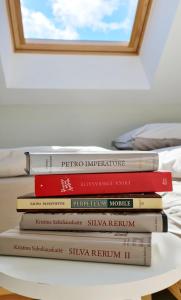 
a pile of books sitting on top of a bed at Preilos namai in Preila
