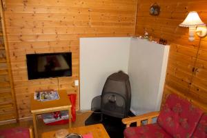 a living room with a fireplace and a flat screen tv at Hjelledalen Hyttesenter in Hjelle +27 photos