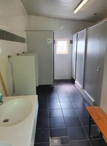 a bathroom with a sink and a shower and a toilet at Camping de Oude Rijn in Ter Aar