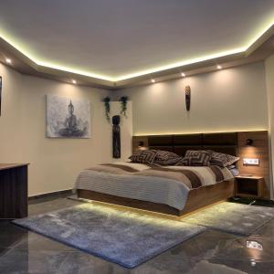 Postel nebo postele na pokoji v ubytování The Jakuzzi Room Miskolctapolca