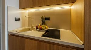 a kitchen counter with a sink and a bowl of fruit at Poseidon The Beach Hotel in Budva