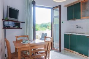 a kitchen and dining room with a table and a television at Apartments Suzy in Vantačići +24 photos