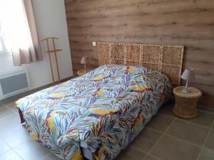 ein Bett mit farbenfroher Bettdecke in einem Schlafzimmer in der Unterkunft Les LOCS Du GRAZEL in Ruoms