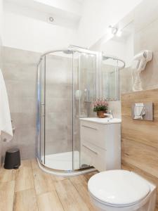 une salle de bain avec une douche avec des toilettes et un lavabo dans l'établissement Way2Stay Bosacka, à Cracovie 53 autres photos