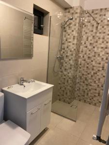a bathroom with a sink and a shower at Studio Ra Mamaia-Nord in Mamaia Sat/Năvodari