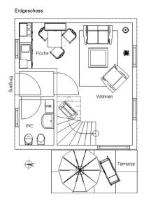 un dibujo de un plano del suelo de una casa en Modernes 5-Sterne-Ferienhaus im Maisonettenstil in DAMP, en Damp
