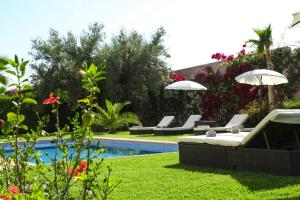 un jardín con sillas y sombrillas junto a una piscina en La Rose des Sables, en Marrakech
