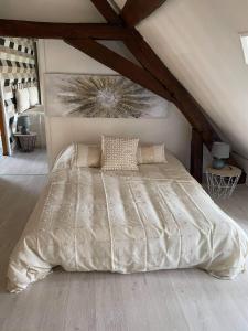 - une chambre mansardée avec un grand lit dans l'établissement Les sureaux du cher, à Noyers-sur-Cher