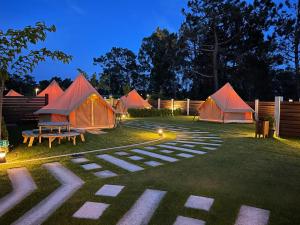 un grupo de tiendas de campaña en un patio por la noche en Glamping Illa de Arousa, en A Illa de Arousa