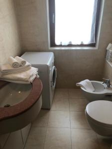 łazienka z umywalką i pralką w obiekcie Appartamento del rosengarten w Madonna di Campiglio