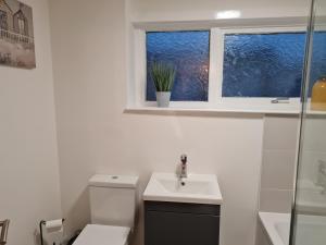a bathroom with a toilet and a sink and a window at No 14 in Wick