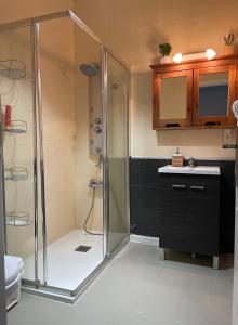 a bathroom with a shower and a toilet and a sink at Bruno´s House Apartment View in Pájara