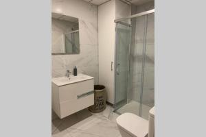 ein Bad mit einer Dusche, einem Waschbecken und einem WC in der Unterkunft Apartamento Paseo de la Carihuela in Torremolinos