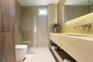 uma casa de banho com um WC, um lavatório e um chuveiro em Wave, an Idyllic Seafront Suite em Kokkíni Khánion