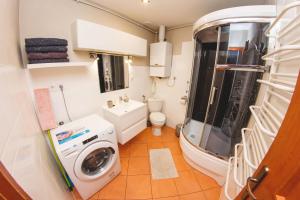 mała łazienka z pralką i toaletą w obiekcie Apartament Marcel w mieście Duszniki Zdrój