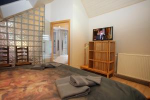 sypialnia z dużym łóżkiem i telewizorem na ścianie w obiekcie vakantiehuis Plassendale w mieście Oudenburg